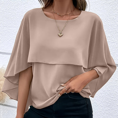 Women's Summer Chiffon Blouses Casual Scoop Neck Cape Sleeve Tunic Tops Shirts